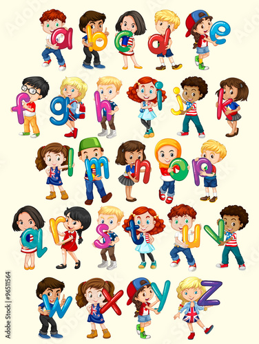 Boys and girls with English alphabet