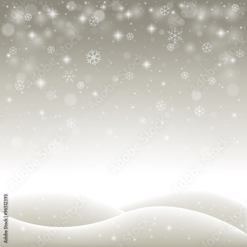 Winter holiday landscape with snowflakes, snow and hills
