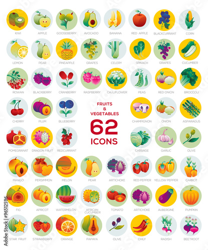 Collection of 62 round icons, fruit and vegetable symbols with names. Symbols of healthy nutrition and lifestyle.