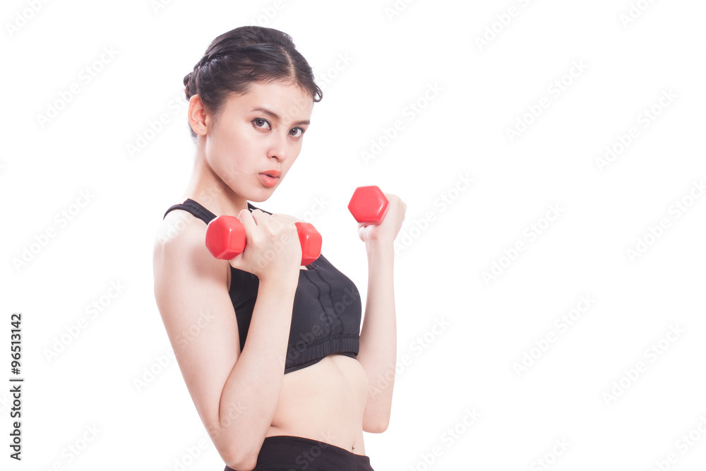 Sport woman with lifting weights and holding apple. healthy concept Sport woman with lifting weights and holding apple. healthy concept