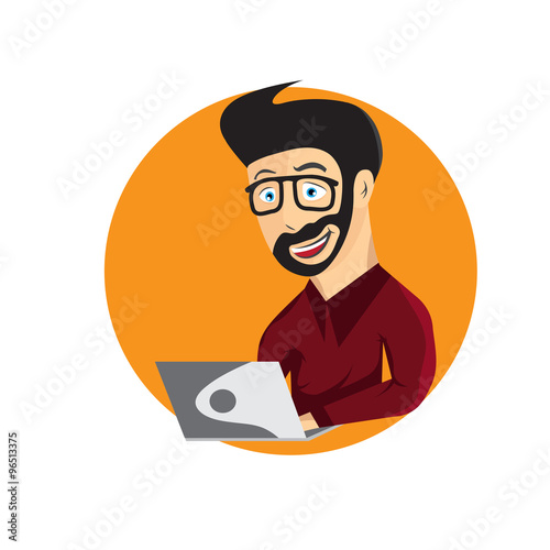 cartoon illustration of young hipster man with laptop