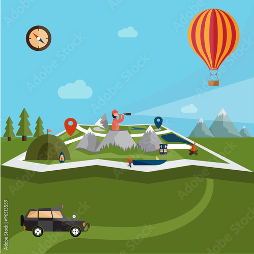 flat design of explorer with spyglass and balloon on map with ad