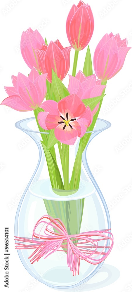 transparent vase with tulips