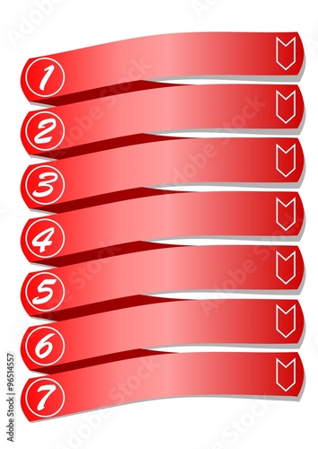 Graphical presentation template of the working process in seven steps with in spirale shape with shadow. Moderne template for training, education, bussines, with grunge numbers on red background.