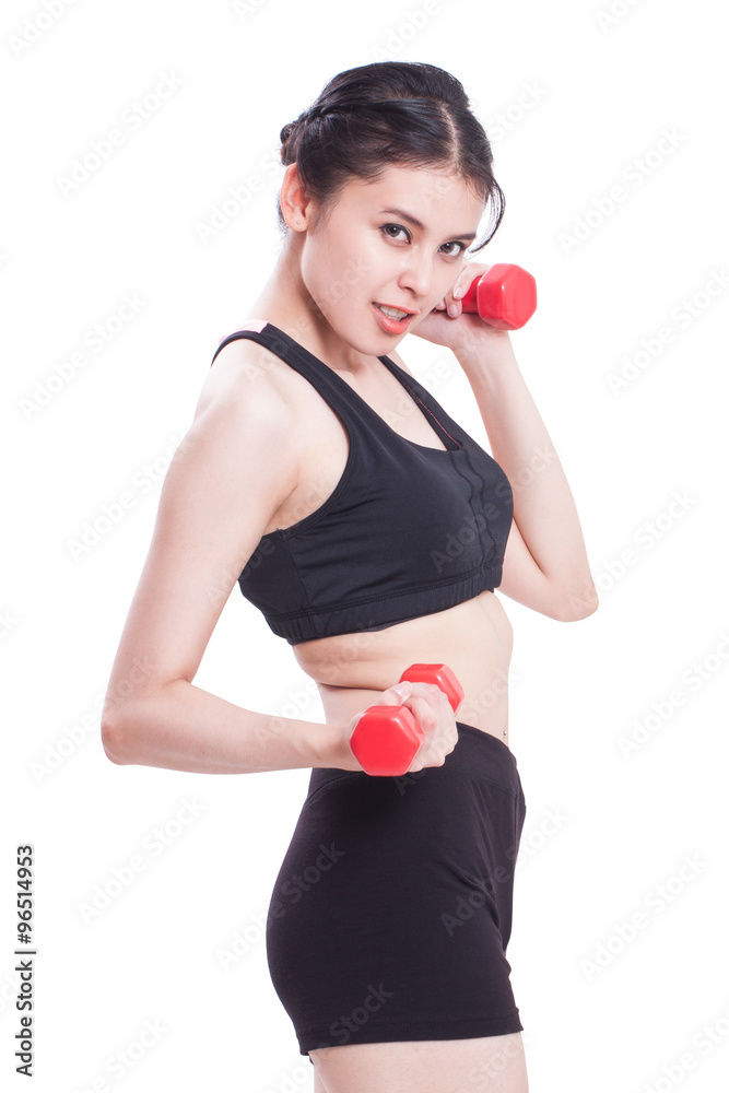 Portrait of young woman doing exercise with lifting weights Portrait of young woman doing exercise with lifting weights