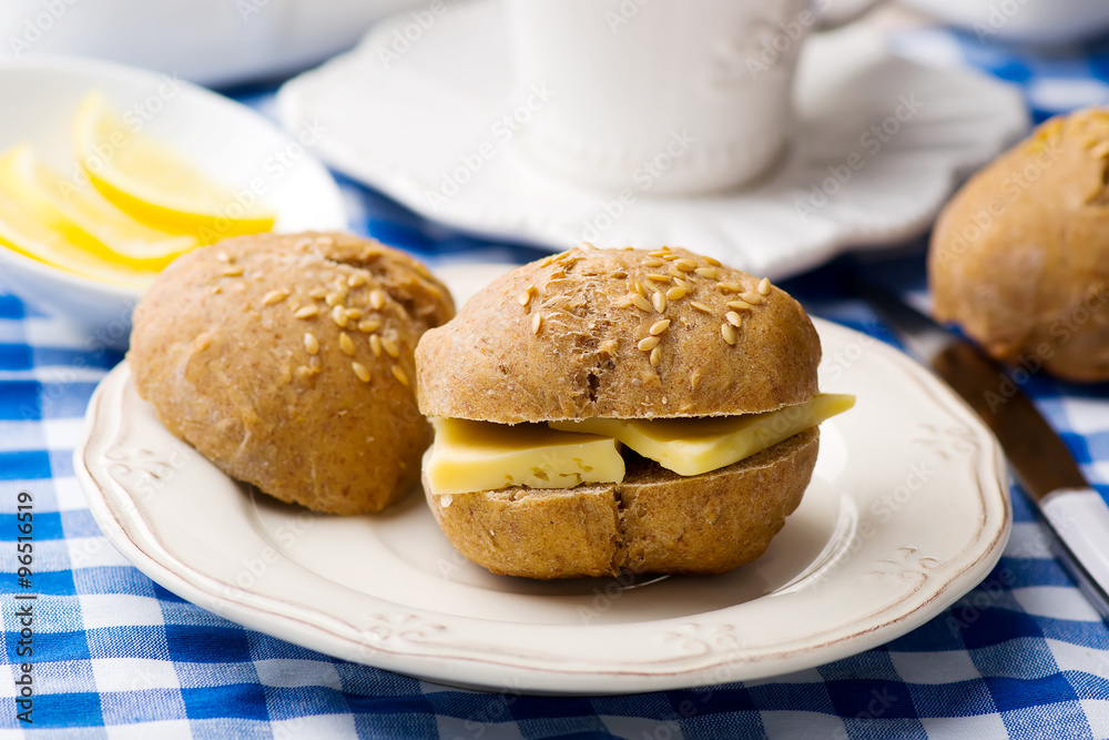 rye buns with cheese for a breakfast