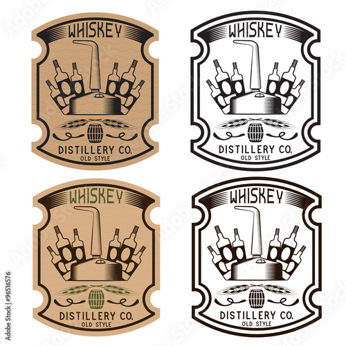vintage vector labels of whiskey with copper whiskey still