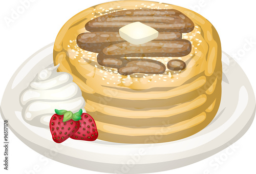 pancakes pile with butter fruit and cream