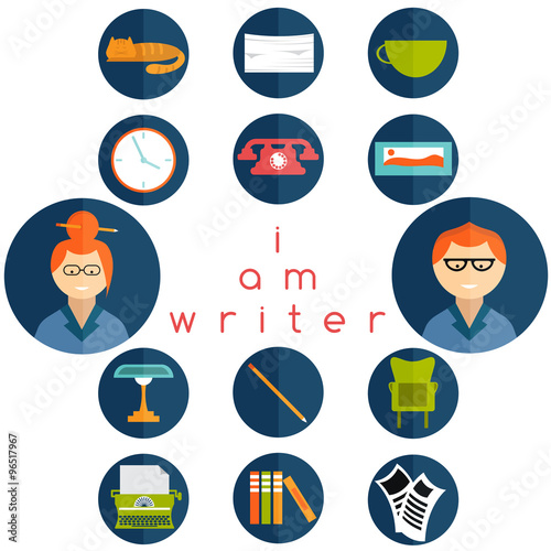 flat design writer web icons set