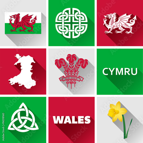 Wales Glossy Icon Set.
Set of vector graphic flat icons representing symbols and landmarks of Wales. photo
