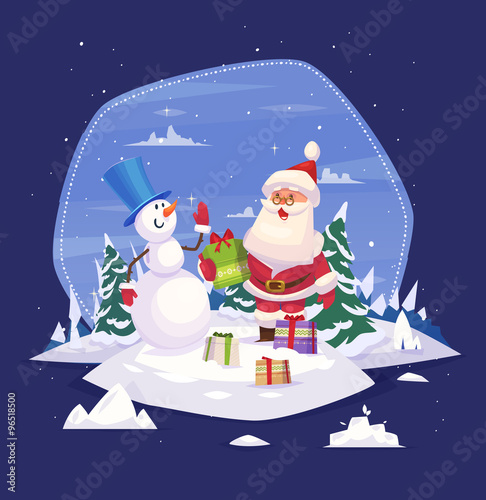 Vintage Christmas poster design with Santa Claus and snowman