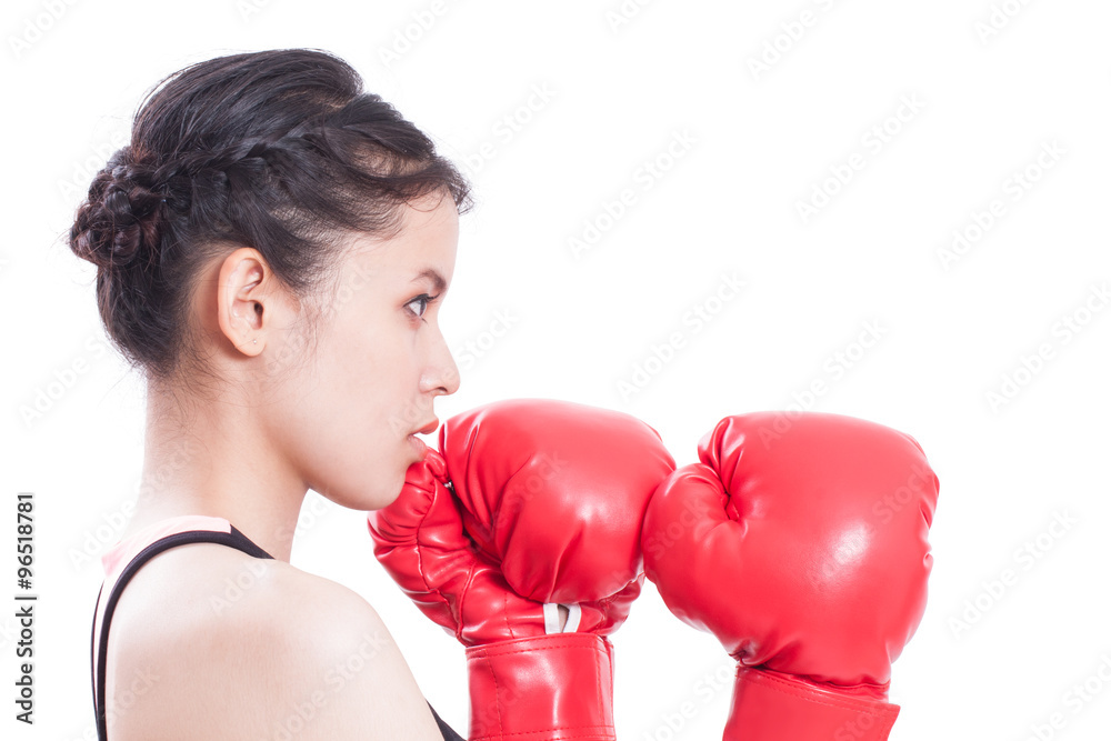 Boxer - fitness woman boxing wearing boxing gloves on white background. Boxer - fitness woman boxing wearing boxing gloves on white background.