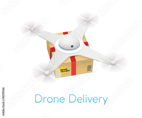Remote air white modern drone with a box flying against white background. Isometric vector illustration.