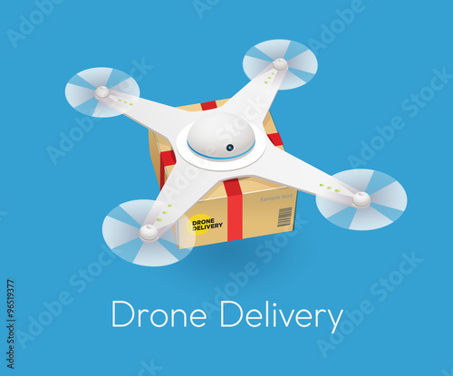 Remote air white modern drone with a box flying against blue background. Isometric vector illustration.