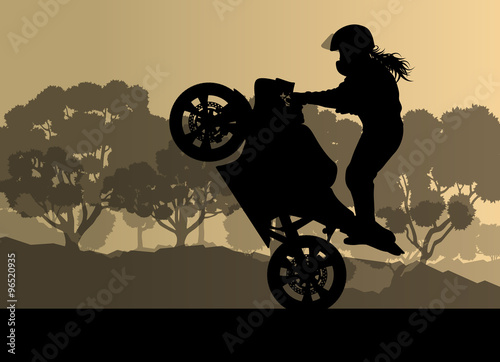 Motorcycle performance extreme stunt driver woman vector backgro