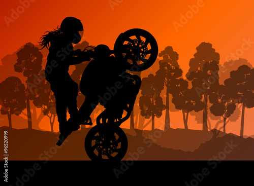 Motorcycle performance extreme stunt driver woman vector backgro