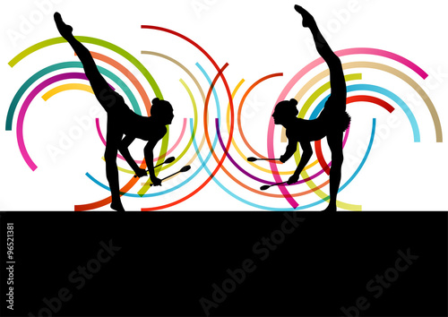 Female woman modern rhythmic gymnastics art with Indian clubs ve