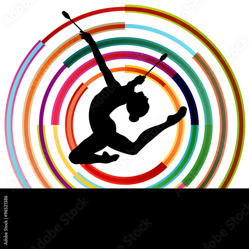 Female woman modern rhythmic gymnastics art with Indian clubs ve