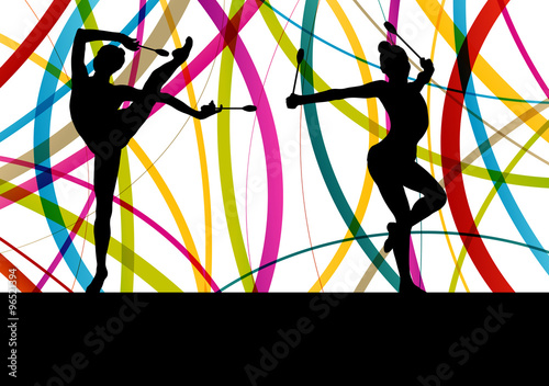 Female woman modern rhythmic gymnastics art with Indian clubs ve