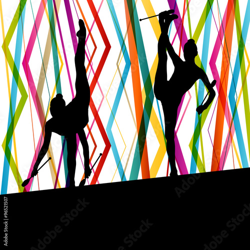 Female woman modern rhythmic gymnastics art with Indian clubs ve