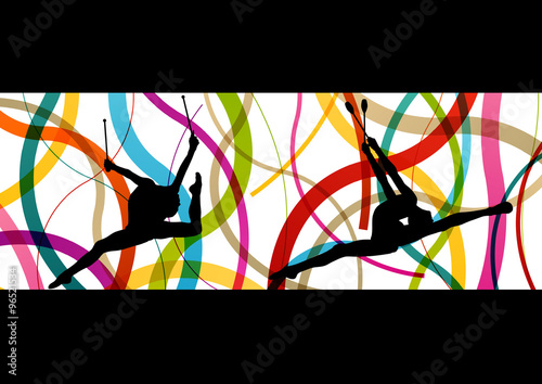 Female woman modern rhythmic gymnastics art with Indian clubs ve