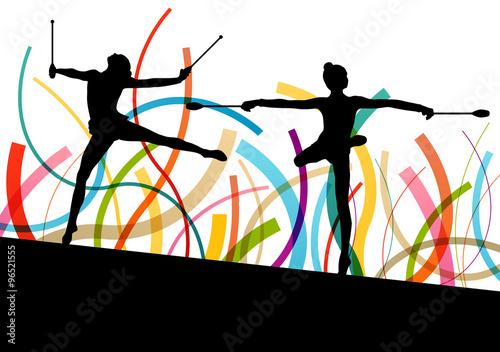 Female woman modern rhythmic gymnastics art with Indian clubs ve