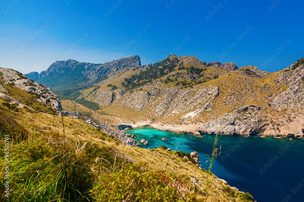 the beach Cala Figuera among hills in cape Formentor