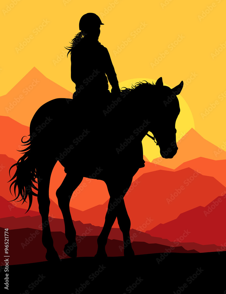 Naklejka premium Horse with rider countryside landscape equestrian sport vector b
