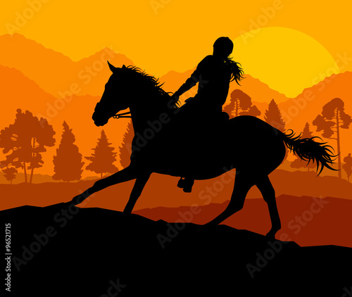 Horse with rider countryside landscape equestrian sport vector b