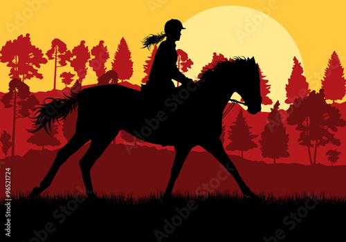 Horse with rider countryside landscape equestrian sport vector b