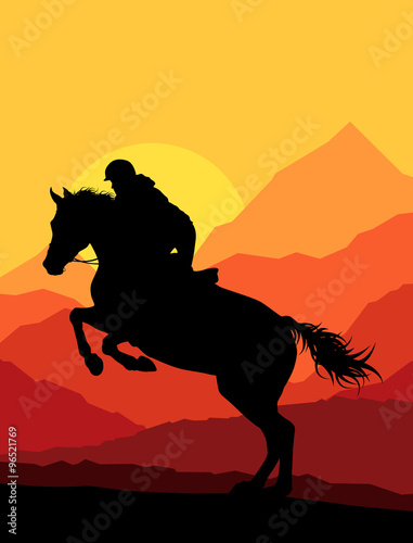 Horse with rider countryside landscape equestrian sport vector b