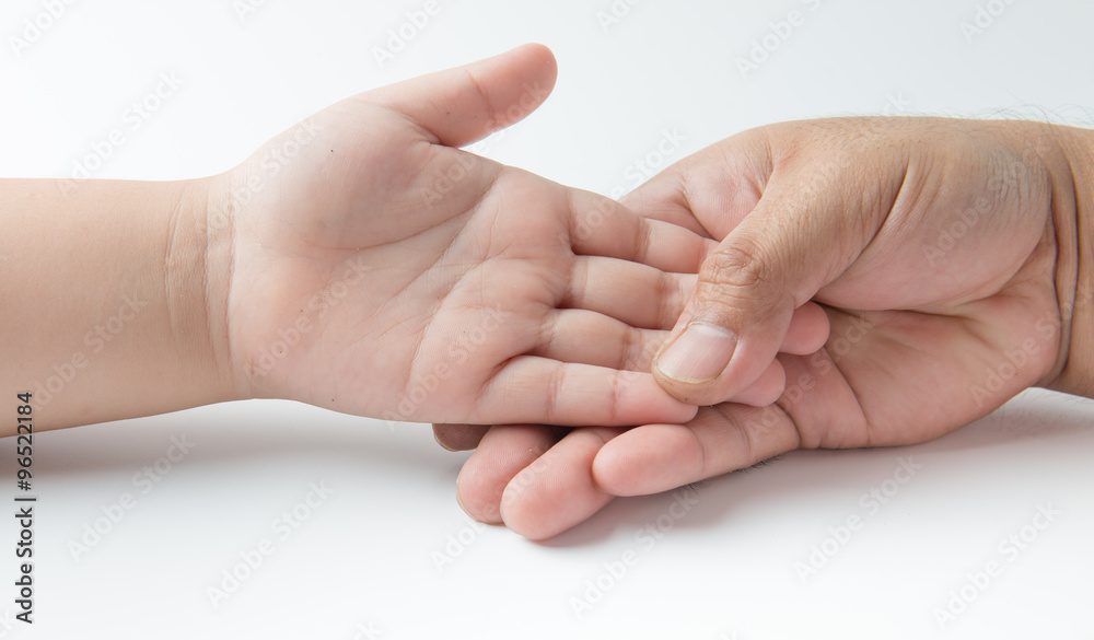 Father hand touch on boy hand isolated Father hand touch on boy hand isolated