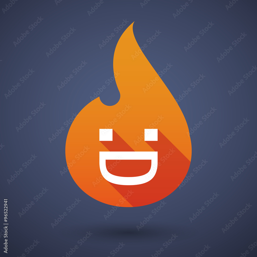 Long shadow vector flame icon with a laughing text face Long shadow vector flame icon with a laughing text face