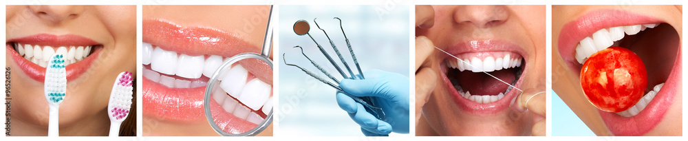 Naklejka premium Smile and teeth collage background.