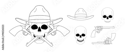 Skull in hat 2 crossed pistols emblem. Linear