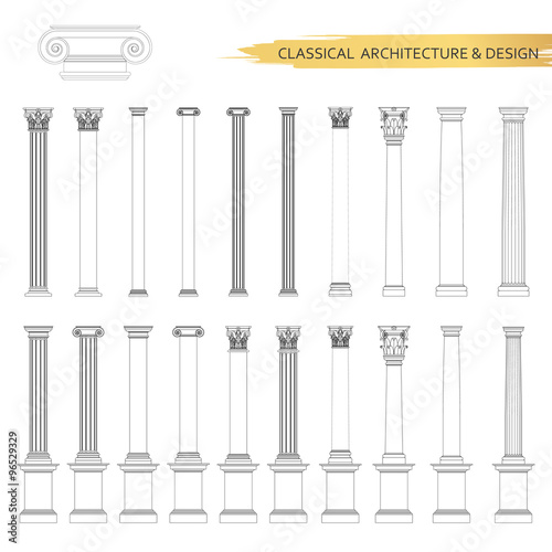 Classical architectural column drawings in set. Vector drawing design elements for classic architecture