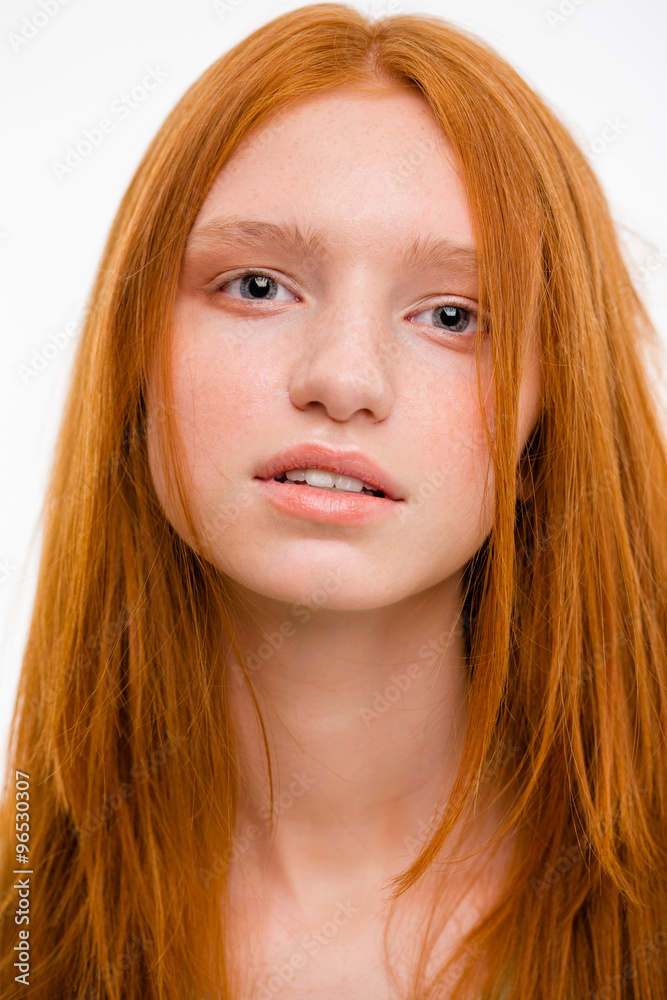 Closeup portrait of sensual beautiful natural redhead woman