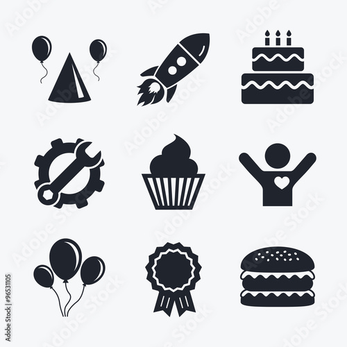 Birthday party. Cake, balloon, hat and muffin.