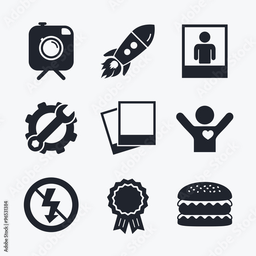 Photo camera icon. No flash light sign.