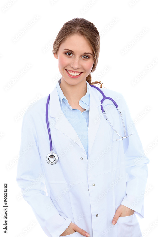 Friendly smiling young female doctor, isolated over white background Friendly smiling young female doctor, isolated over white background