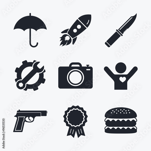 Gun weapon. Knife, umbrella and photo camera.
