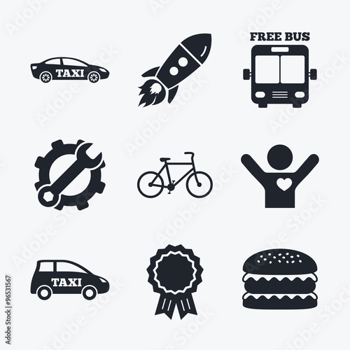 Public transport icons. Free bus, bicycle signs.