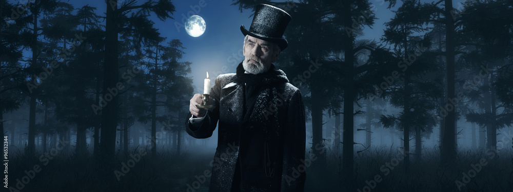 Fototapeta premium Dickens Scrooge Man with Candlestick in Foggy Winter Forest at M