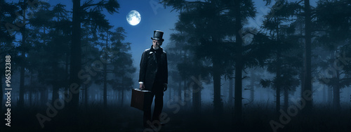 Obraz na plátně Dickens Scrooge Man with Suitcase in Foggy Winter Forest at Moon