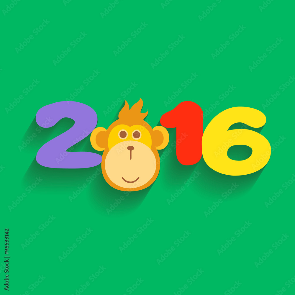Happy New Year 2016 with Monkey  Flat Design Illustration