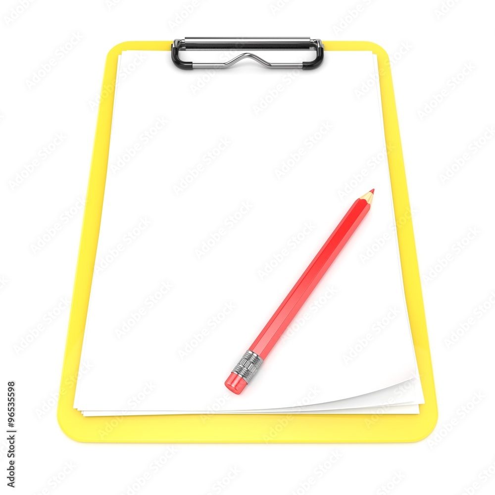 Yellow clipboard and blank paper. 3D render illustration isolated on white background Yellow clipboard and blank paper. 3D render illustration isolated on white background