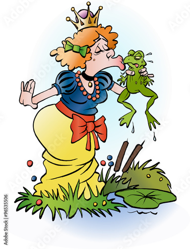 Vector cartoon illustration of a princess kissing a frog