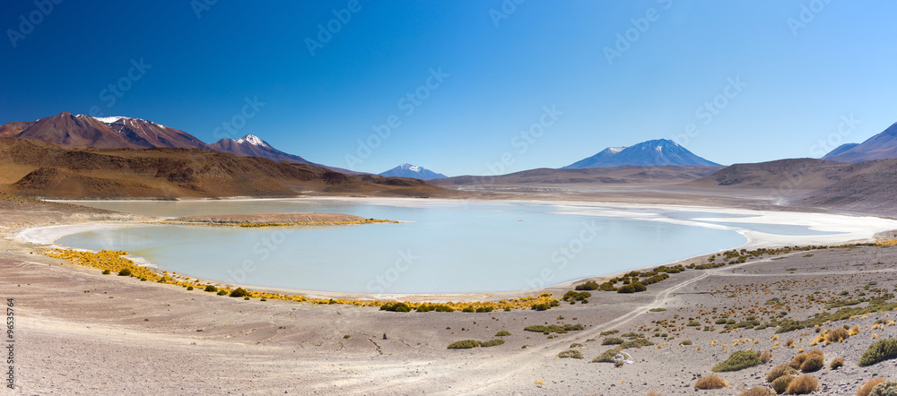 Panoramic view of frozen salt lake on the Bolivian Andes