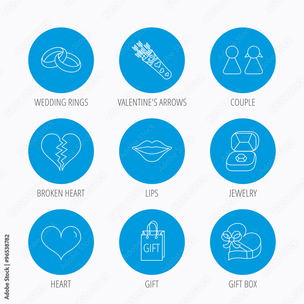 Love heart, kiss and wedding rings icons. Love heart, kiss and wedding rings icons.