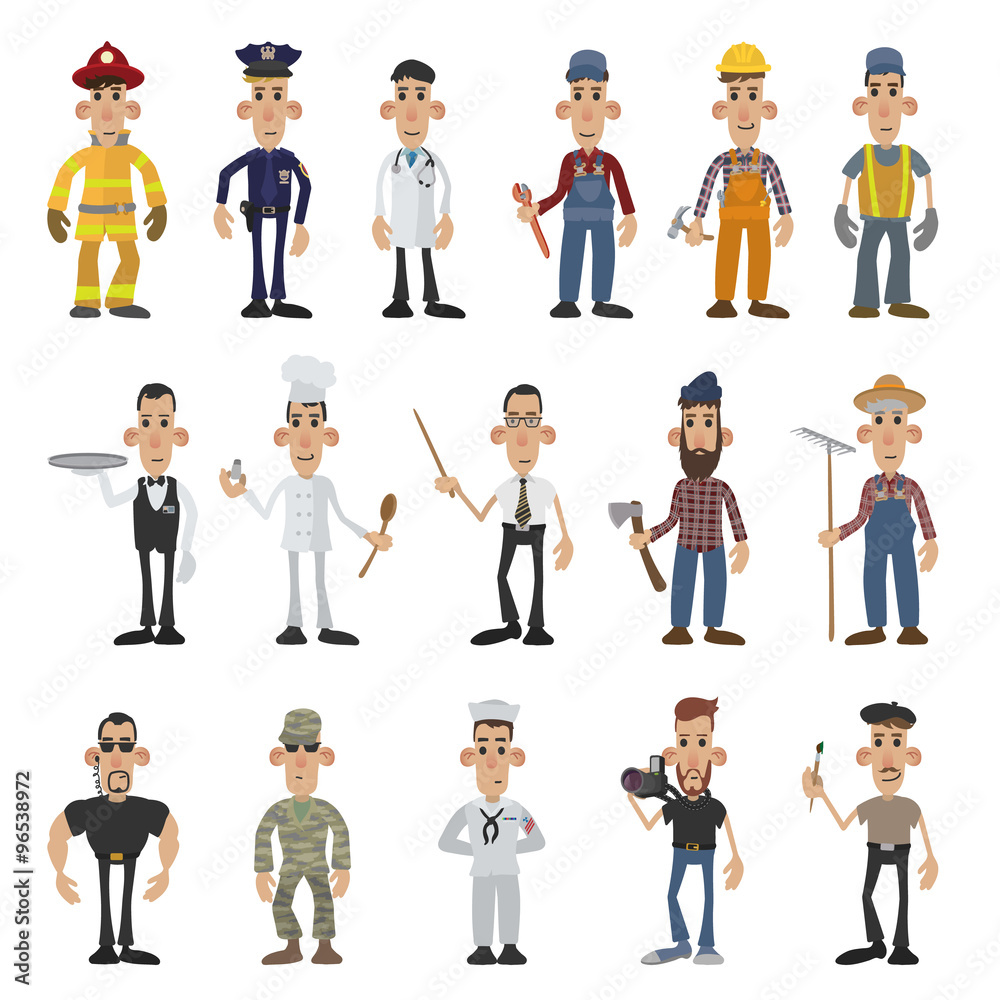 Cartoon men of 16 different professions